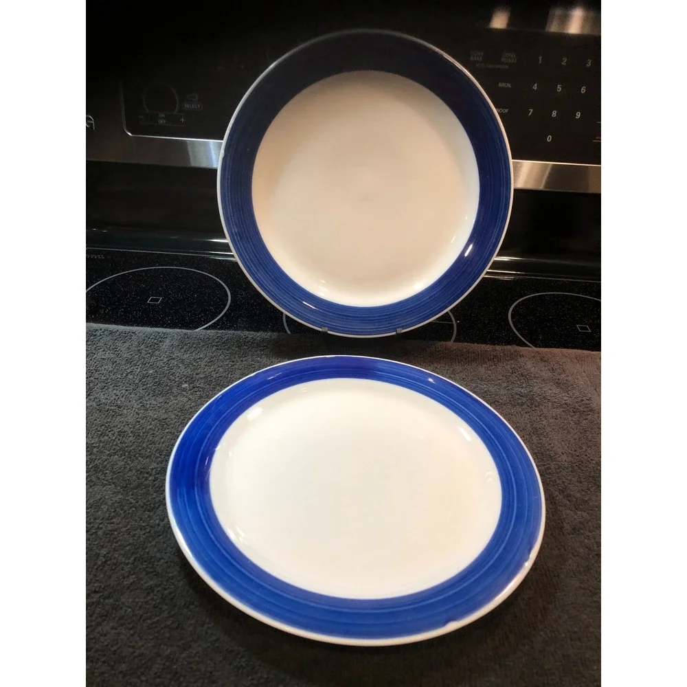 2 -Gibson Everyday Dinner Plates White with Cobalt Blue Band/Trim 9.75